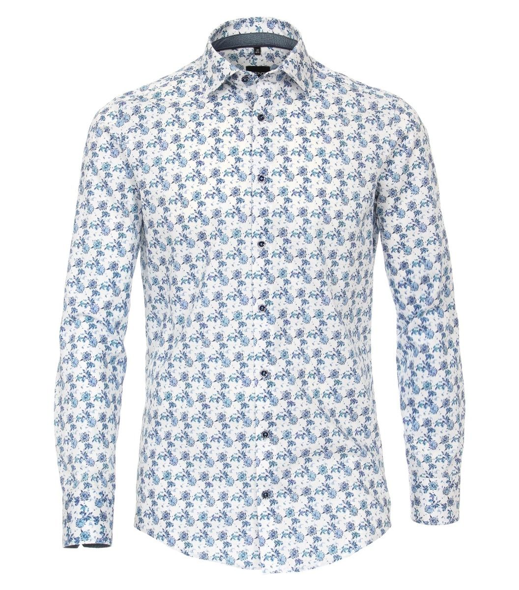 113599400-100 Venti print blauw aqua dobby oxford structuur kent kraag