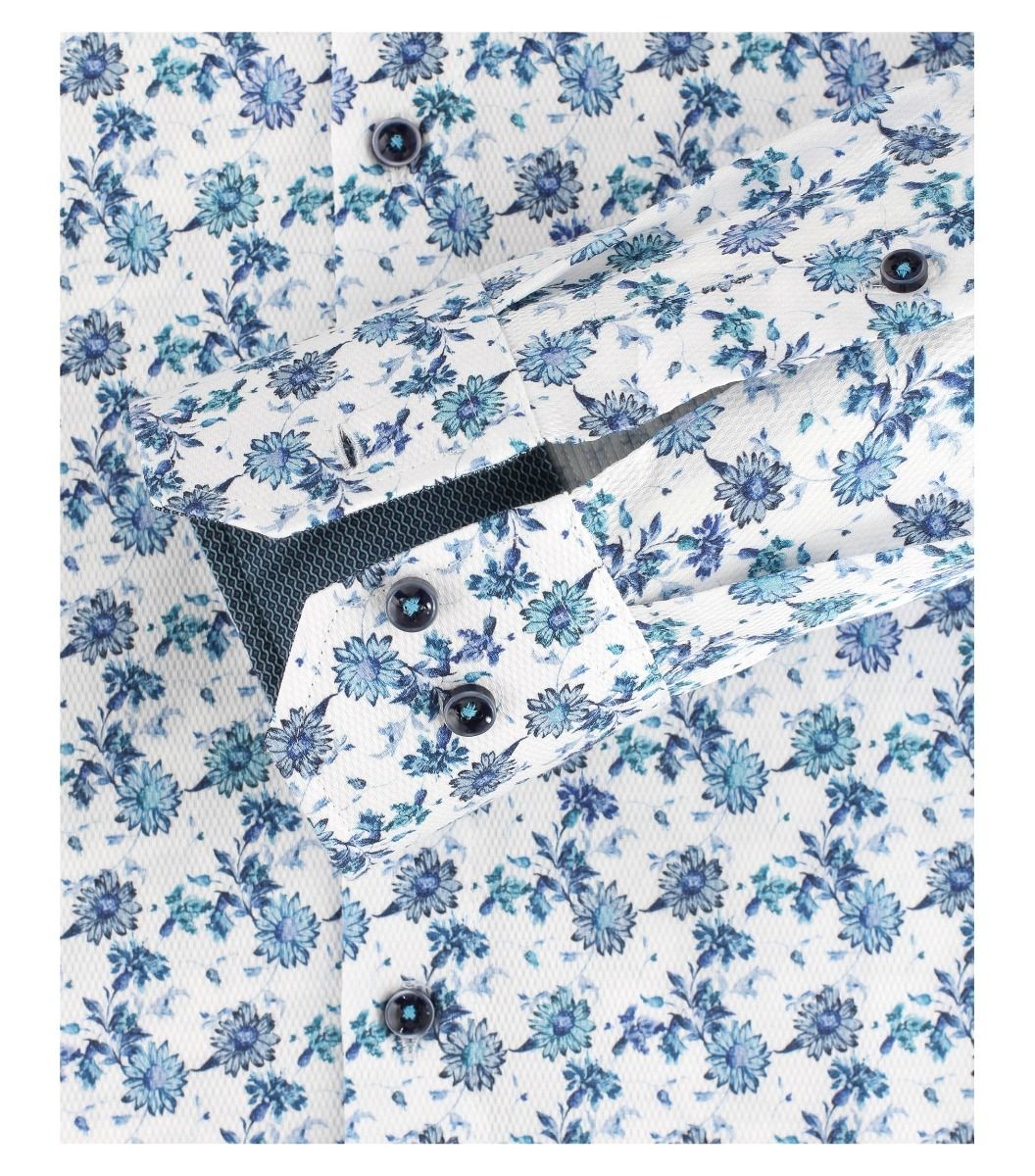 113599400-100 Venti print blauw aqua dobby oxford structuur kent kraag