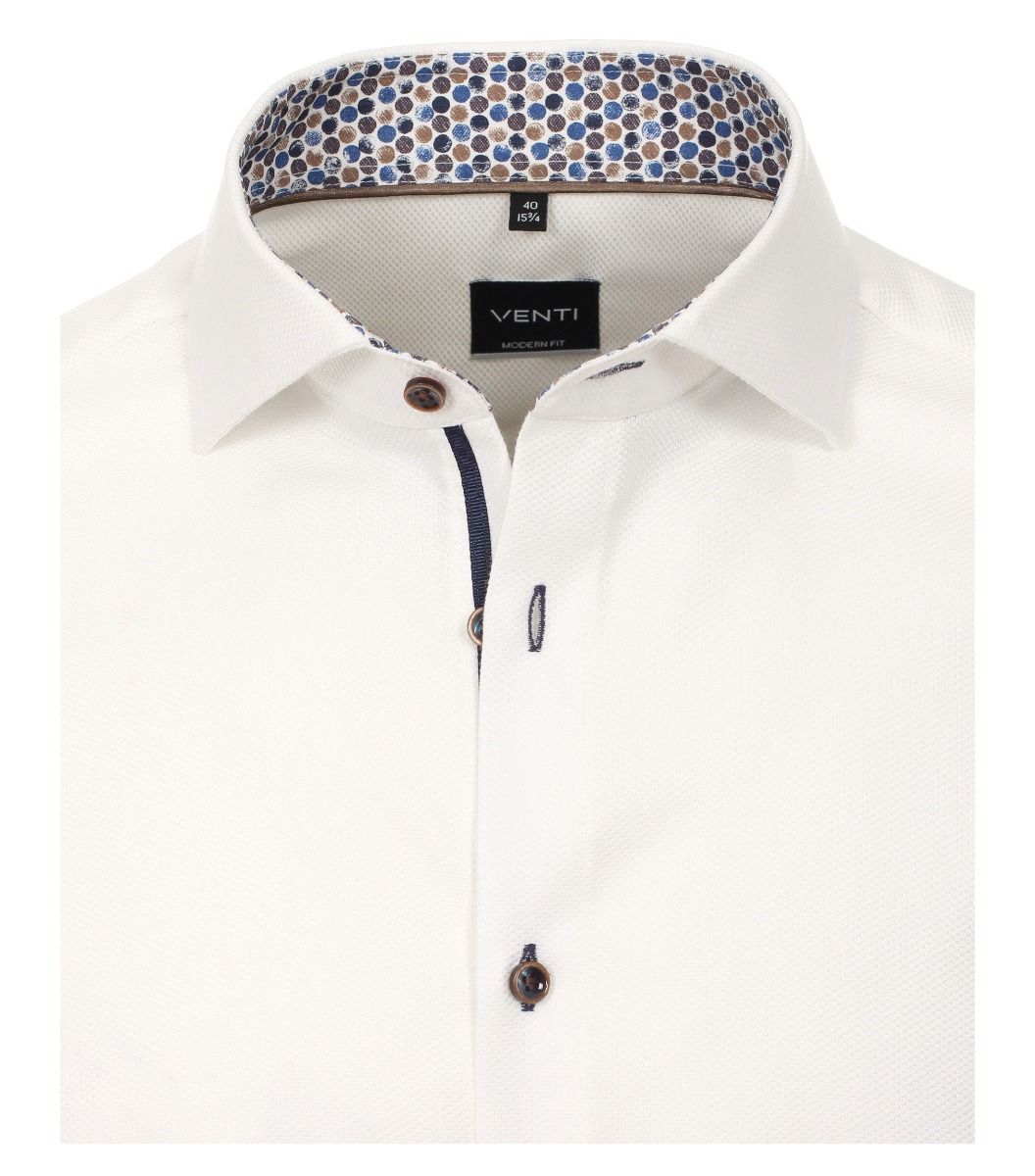 113602400-001 Venti wit wafel structuur strijkvrij overhemd luxe modern fit pasvorm en bruine knopen