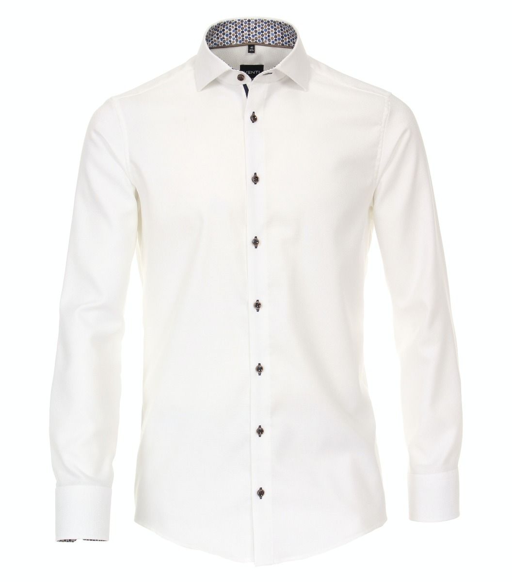 113602400-001 Venti wit wafel structuur strijkvrij overhemd luxe modern fit pasvorm en bruine knopen