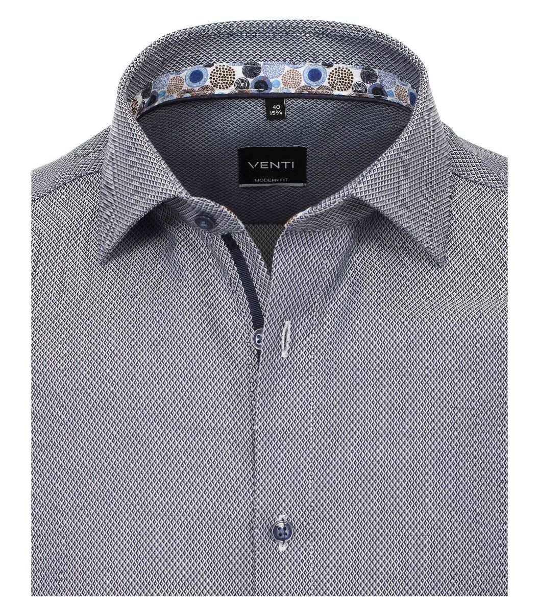 113644700-100 Venti navy antraciet wafel dobby structuur overhemd strijkvrij kent kraag herenshirt modern 100% katoen